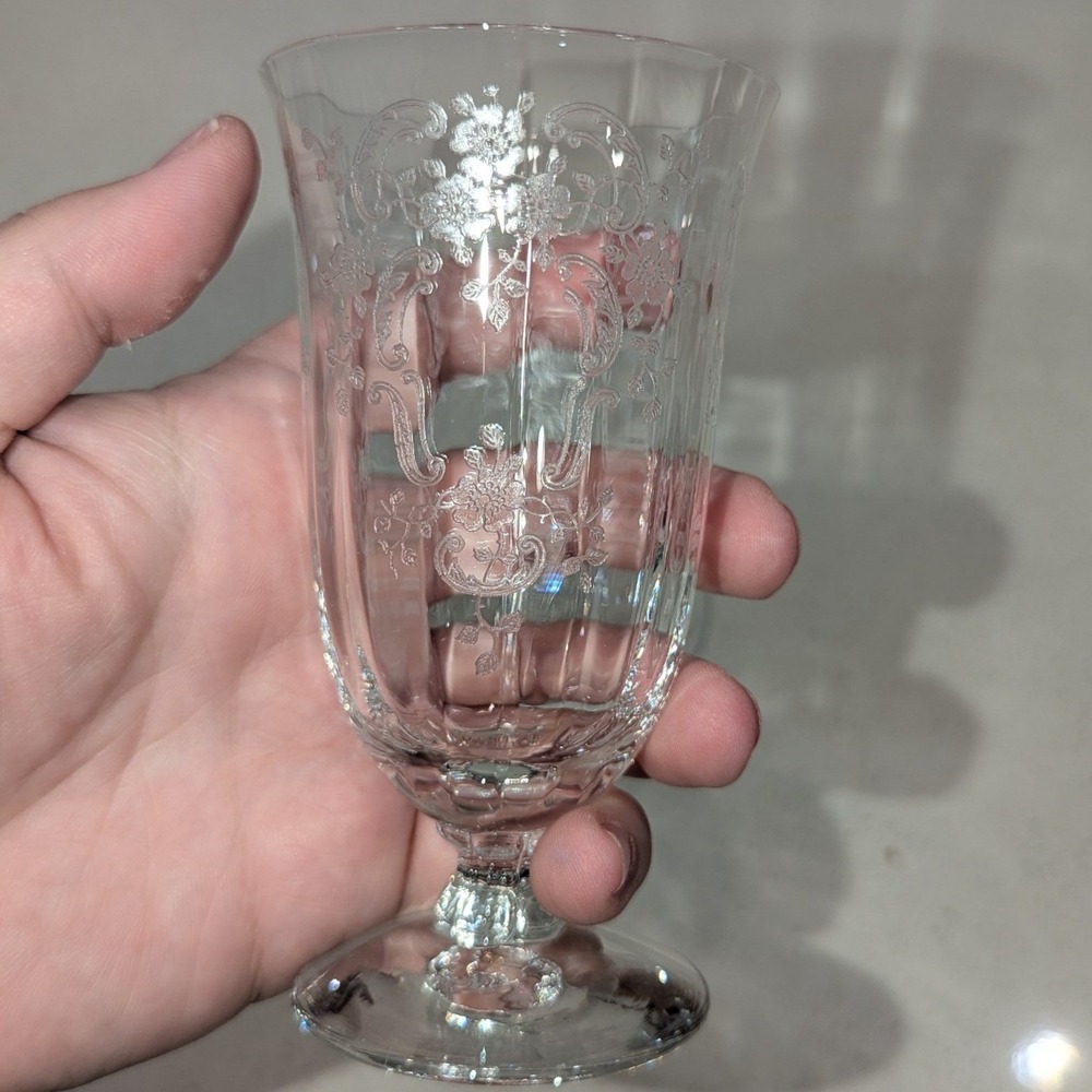 Fostoria Juice Glasses Clear Etched Crystal Romance Pattern Set of 2 4.34"